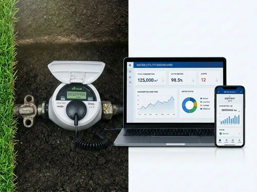 Smart water meter connected to utility dashboard on a laptop and mobile app